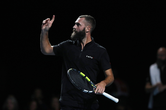 Benoit The Rebel Paire celebrates during his game against Diego El Peque Schwartzman during the UTS London Tennis at the Benoit The Rebel Paire celebrates during his game against Diego El Peque Schwartzman during the UTS London Tennis at the ExCel Centre, London Docklands, UK on 15 December 2023. Copyright: xJoshuaxSmithx 39260021