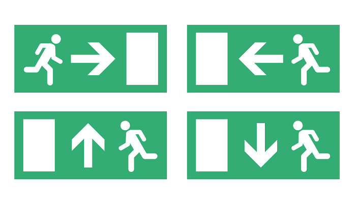 Emergency exit icons, pictograms and signs