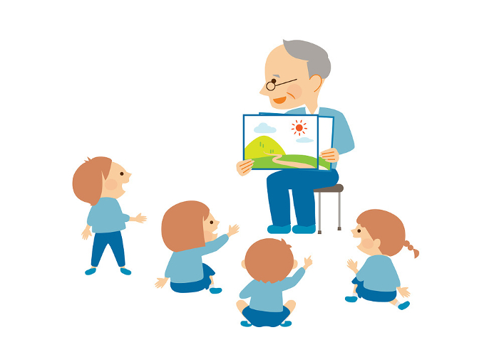 Picture-story show - senior and kindergartners reading to children - Illustration