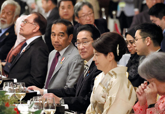 Japan ASEAN Special Summit Dinner at Geihinkan Prime Minister Fumio Kishida  center  at a dinner party. In the foreground is his wife Yuko at the State Guest House in Moto Akasaka, Tokyo, at 7:20 p.m. on December 16, 2023  Representative photo .