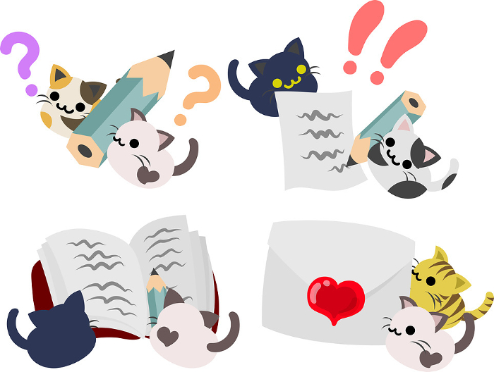 A set of illustrations of wonderful daily life of plush, rollicking, cute cats.