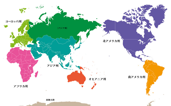 World map color-coded by six states, with Russia shown in a different color as an Asian state, Japanese