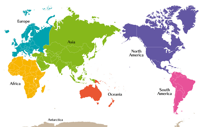 World map color-coded by six states, dividing Russia into Asia and Europe by the Urals, and Panama into North and South America