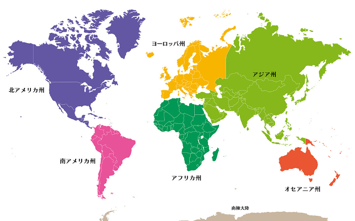 World map color-coded by six states, dividing Russia into Asia and Europe by the Urals, and Panama into North and South America