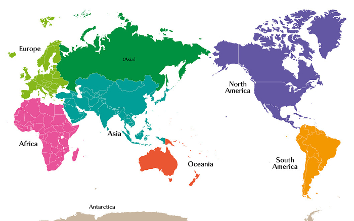 World map color-coded by six states, with Russia shown in a different color as an Asian state, English