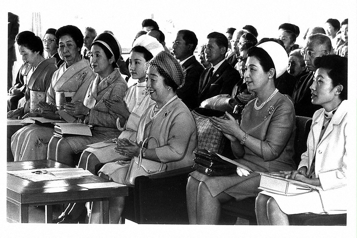 Her Majesty the Empress attends the Gakushuin Women s Club Alumni Association  Jobankai The Empress listening to a piano duet  center , with Princess Takamatsu and Atsuko Ikeda to her right, Princess Hitachi and Princess Mikasa to her left, on May 15, 1969.