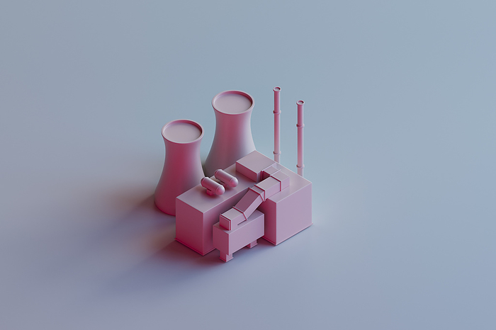 3D render of nuclear power plant model standing against gray background