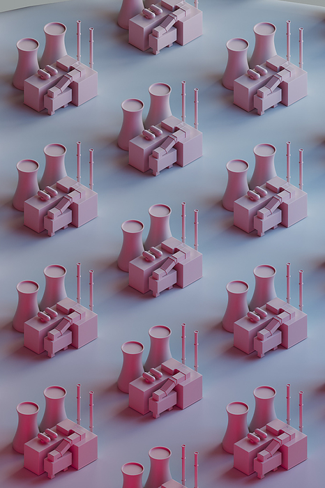 3D render of rows of nuclear power plant models standing against gray background