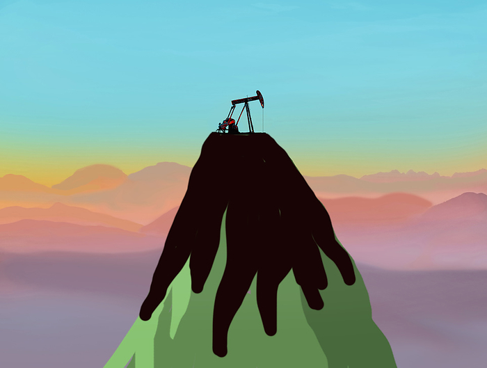 Illustration of oil pump spilling oil all over mountain peak