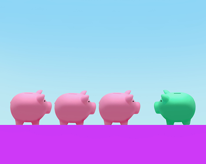 Three pink piggy banks facing green one
