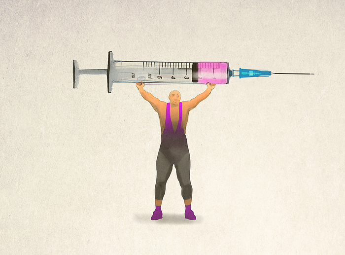 Illustration of strongman holding oversized syringe