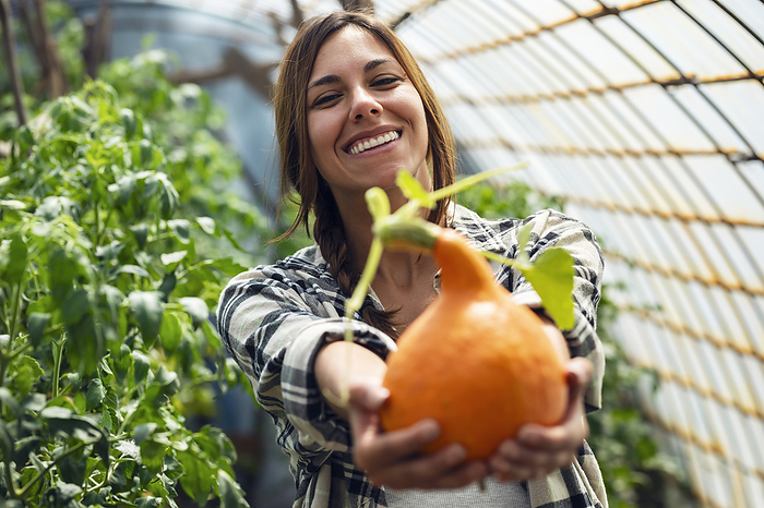 Happy young farm worker holding freshly harvested squash in greenhouse