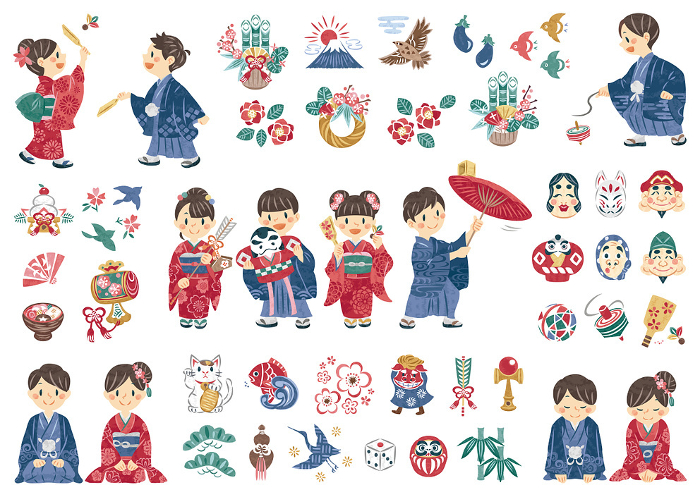 New Year's Day - Men and Women in Kimono - New Year's Card Icon Illustration Set