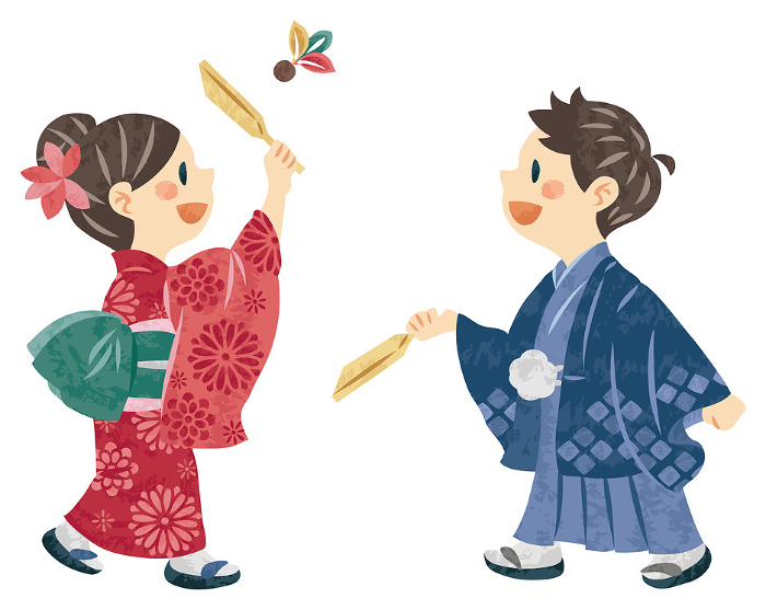 Illustration of a man and a woman in kimonos pounding shuttlecock during New Year's