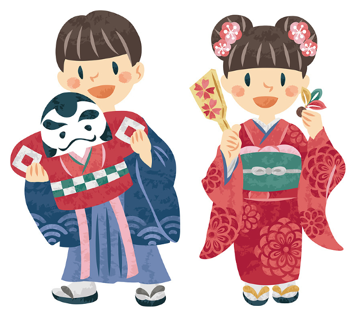 New Year man and woman in kimono, kite and feather kite illustration