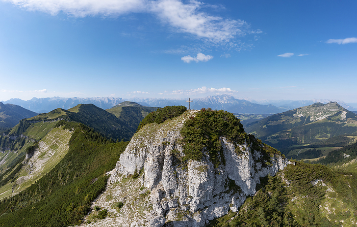 Austria, Salzburger Land, Drone view of summit cross on Gruberhorn mountain