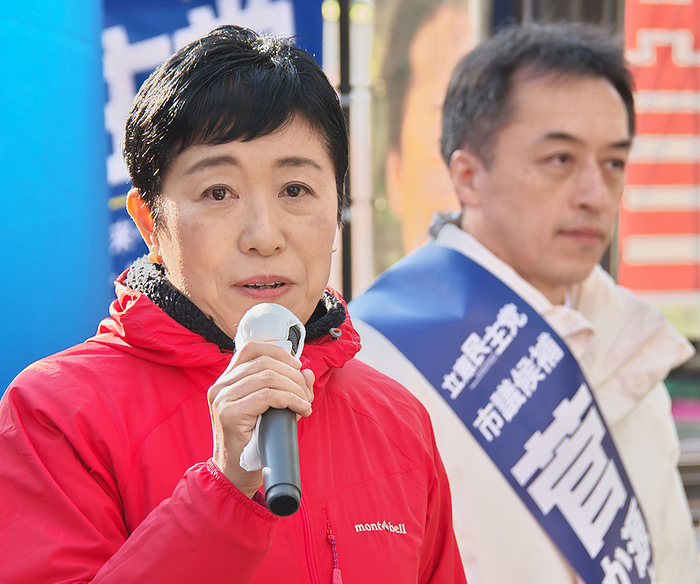 2023 Substitute Election for Musashino City Council Member Member of the House of Councilors, Kiyomi Tsujimoto delivers speech in support for Gentaro Kan, son of former Japan s Prime Minister Naoto Kan during the The speech was delivered in support for Gentaro Kan, son of former Japan s Prime Minister Naoto Kan during the campain for by election of the Musashino city assembly near Musashisakai station in Tokyo, Japan on December 19, 2023.