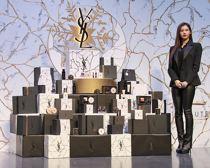 YSL Japan Ambassador TWICE Sana appointed Sana of K pop group TWICE attends a press conference for Yves Saint Laurent Beaut teu at Shibuya Stream Hall in Tokyo, Japan on December 18, 2023.
