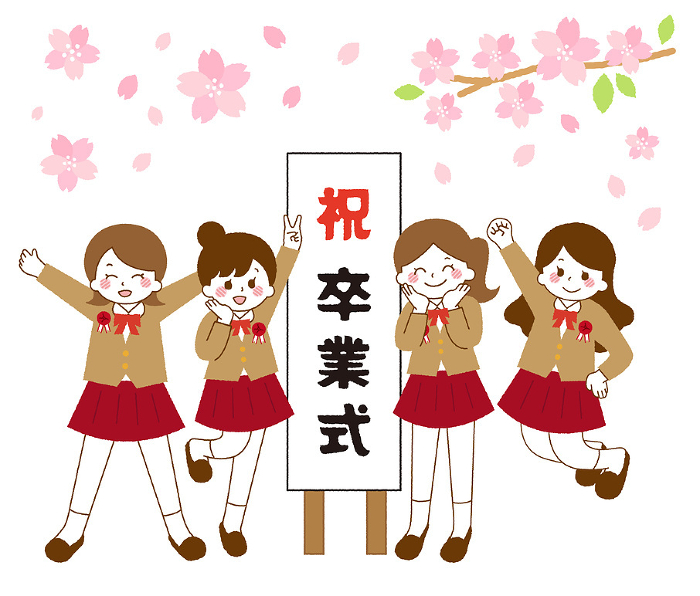 Cherry blossoms and female students. Image of graduation ceremony.