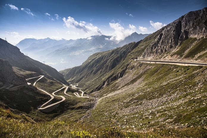 Distant view of old road to Gotthard Pass, Switzerland