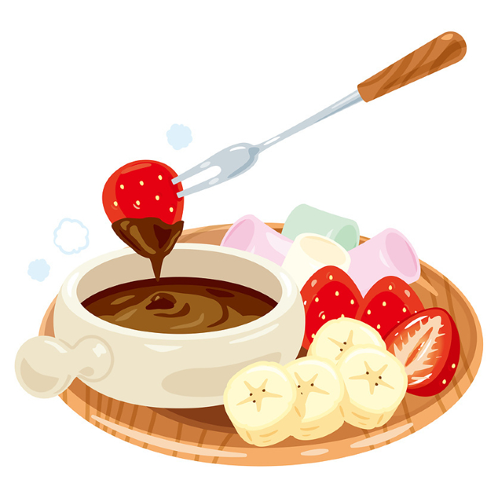Chocolate fondue with fruit and marshmallows on a plate