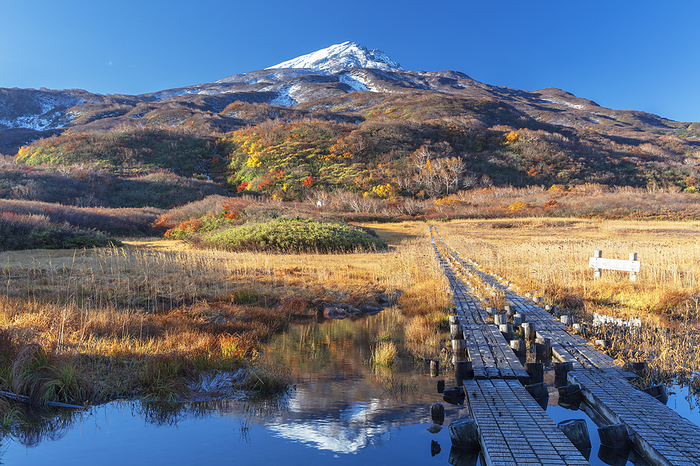 Akita Prefecture Morning view of Mt. Chokaisan from Ryugahara marshland in autumn leaves