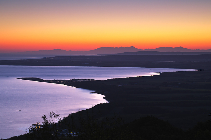 Morning at Lake Saroma and Shiretoko Mountain Range Hokkaido From Lake Saroma Observatory  Mt. Horoiwa 