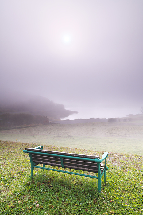 Lake Kanayama, morning mist and bench Hokkaido