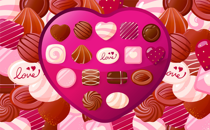 Clip art of present and gift of valentine's chocolates lined up in a heart box suitable for valentine's day.