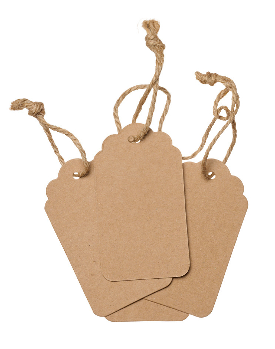 Blank brown rectangular brown paper tag on a rope  on white background, template for price, discount Blank brown rectangular brown paper tag on a rope  on white background, template for price, discount