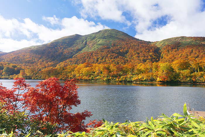 Akita Prefecture: Mt. Tadasaka from Lake Sugawa in autumn foliage