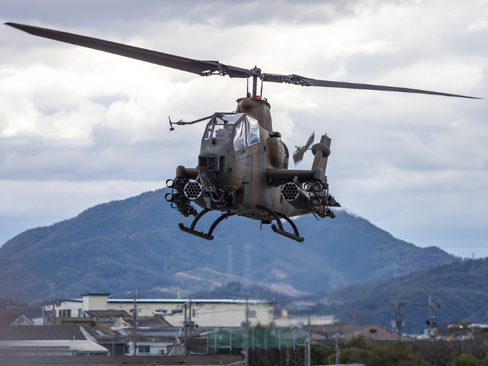 AH-1S Cobra, an anti-tank helicopter of the Japan Ground Self-Defense Force, landing at Yao Garrison
