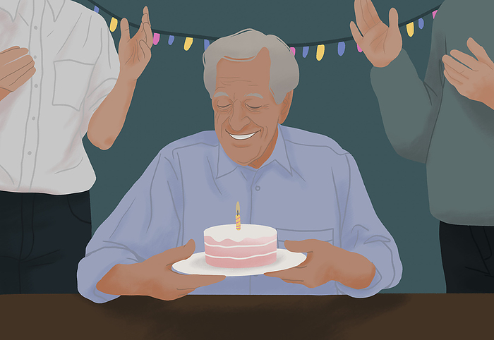 Happy senior man celebrating birthday with clapping friends, preparing to blow out candle, by Amr Bo Shanab