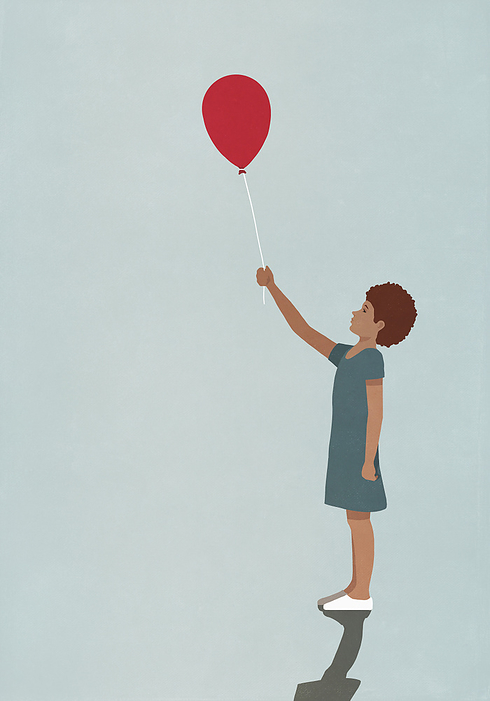 Girl holding red balloon on blue background, by Malte Mueller