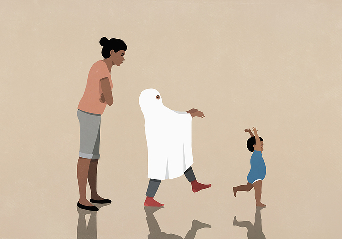 Mother watching daughter in ghost costume chasing baby brother, by Malte Mueller