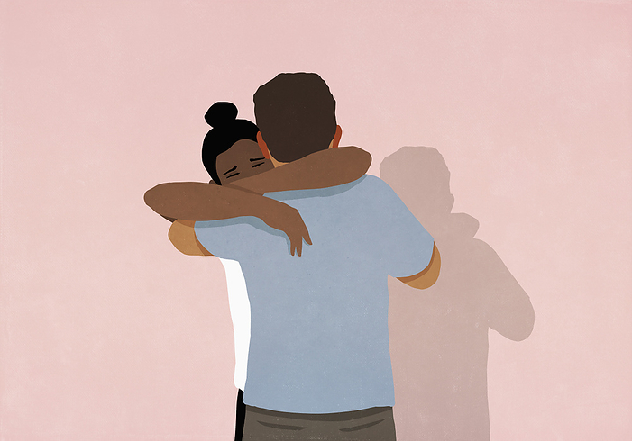 Couple hugging, boyfriend comforting girlfriend on pink background, by Malte Mueller