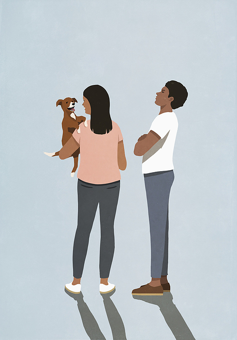 Jealous man watching girlfriend holding cute puppy dog, by Malte Mueller