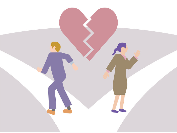 Pictogram-style illustration of a couple with a broken heart and a broken relationship