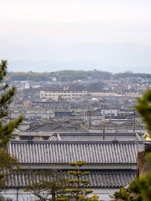 Scenery of Ikaruga Town with tiled roofs of Japanese houses