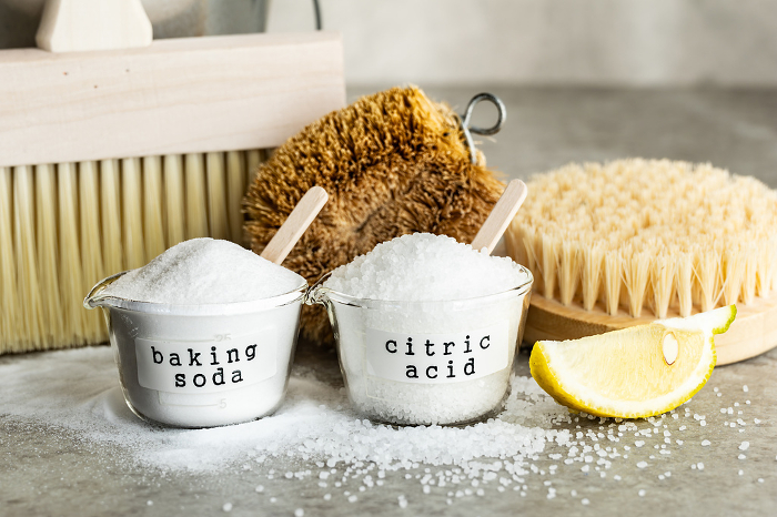 Baking soda, citric acid and cleaning tools Eco-friendly cleaning