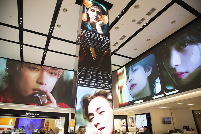 BTS member V s birthday in Seoul BTS V s birthday, Dec 30, 2023 : The happy birthday video clips arranged by BTS member V s fans to celebrate his birthday is seen on a Media Facade at a duty free store in central Seoul, South Korea. V aka Kim Tae Hyung turns 28 on Saturday. V has enlisted in the military on Dec 11, 2023.  Photo by Lee Jae Won AFLO 