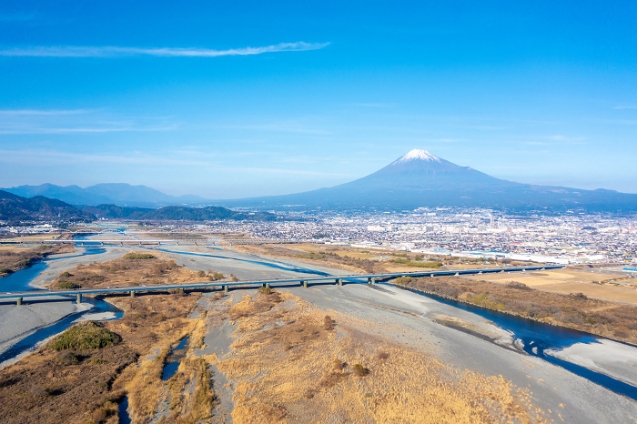 Shin-Fuji River Bridge on Route 1 crossing the Fuji River with Mt. Fuji in the background, Tokaido Shinkansen (Shizuoka Prefecture)