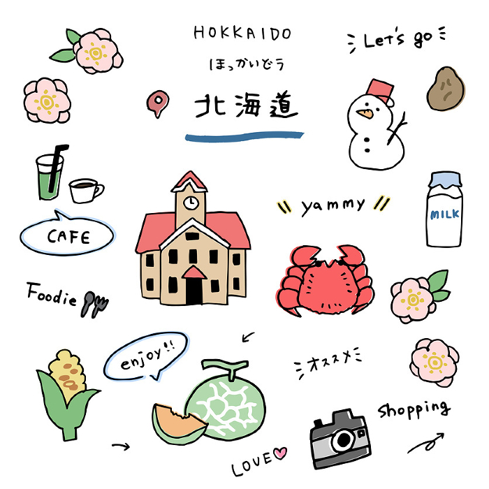 Hand-drawn icon set of Hokkaido