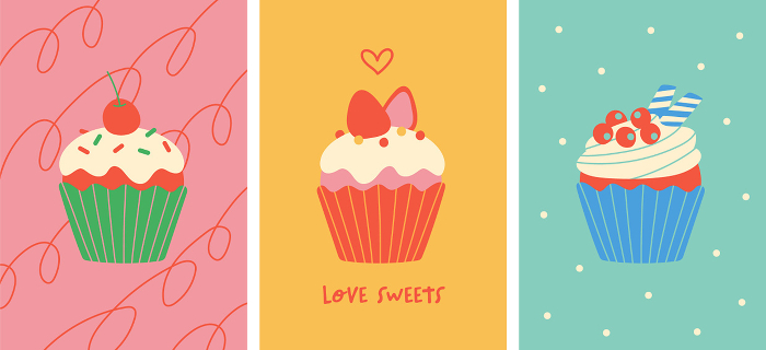 Cupcake poster set, colorful pop colors