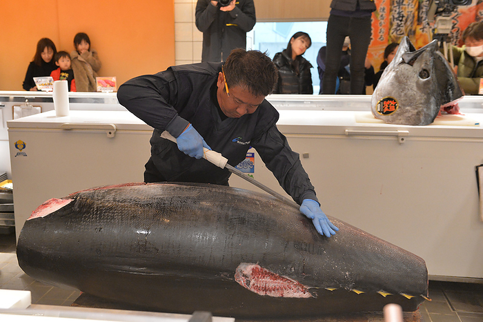 First auction at Toyosu Market in 2024: 114.24 million yen for the best tuna. January 5, 2024 Toyosu Market First Tuna Demolition Show Tuna No. 1 being dismantled Location   Kaiten Sushi Ginza Onodera Honten  Omotesando 