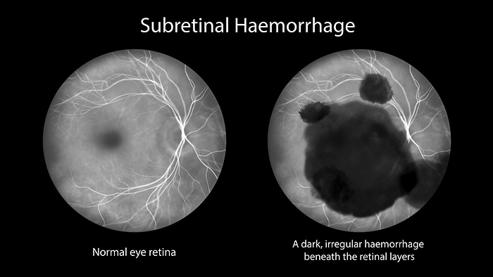Subretinal haemorrhage on the retina, illustration Illustration of a subretinal haemorrhage observed during fluorescein angiography, revealing a dark, irregular haemorrhage beneath the retinal layers., by KATERYNA KON SCIENCE PHOTO LIBRARY