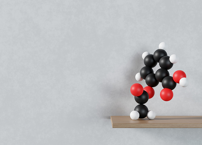 Aspirin drug molecule, illustration Acetylsalicylic acid  aspirin  drug molecule. 3D rendering: scaled sphere molecular model  carbon black, hydrogen white, oxygen red  on a wooden shelf in front of a plaster wall., by MOLEKUUL SCIENCE PHOTO LIBRARY