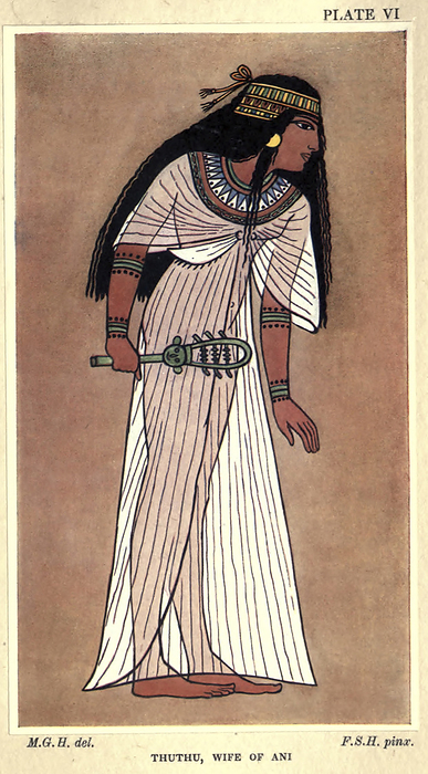 Thuthu, wife of Ani the scribe, illustration Illustration of Thuthu, wife of Ani the scribe, from the book  Ancient Egyptian, Assyrian, and Persian costumes and decorations  by Mary Galway Houston and Florence S Hornblower. Publication date 1920., by PHOTOSTOCK ISRAEL SCIENCE PHOTO LIBRARY