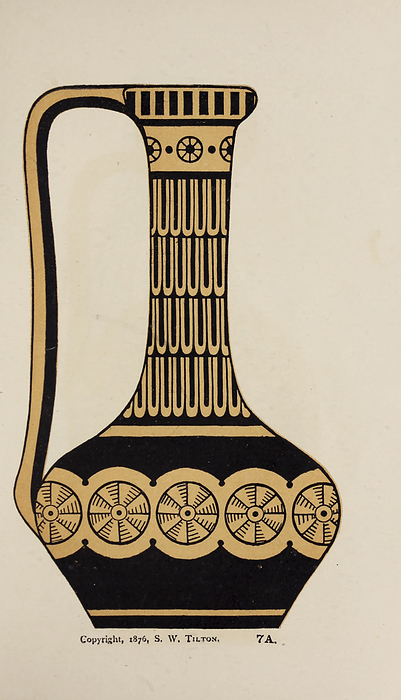 Greek toilette vase, illustration Illustration of a Greek toilette vase, of the fourth Archaic period, decorated after the style of Nineveh. From the book  Designs and instructions for decorating pottery: in imitation of Greek, Roman, Egyptian, and other styles of vases: with an illustrated and descriptive list of subjects to select from, showing where they may be obtained, together with all articles required for this study  by S.W. Tilton and Company. Publication date 1877., by PHOTOSTOCK ISRAEL SCIENCE PHOTO LIBRARY