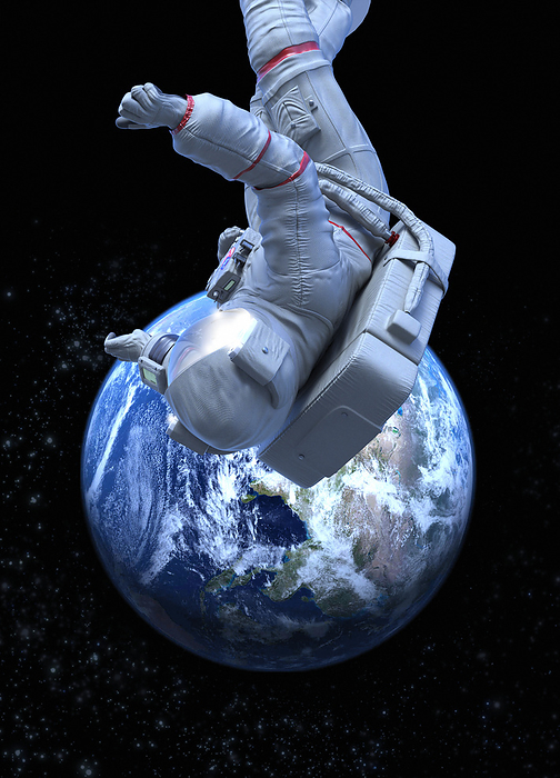 Astronaut floating above Earth, illustration Astronaut floating above Earth, illustration., by VICTOR HABBICK VISIONS SCIENCE PHOTO LIBRARY